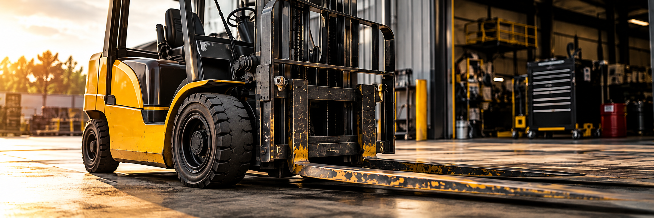 Yellow industrial forklift parked outside a warehouse service bay